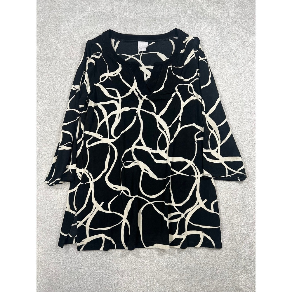 Chicos Travelers Tunic 0 S Black Cream Abstract Split Neck 3/4 Sleeve Art Wear - Picture 2 of 7
